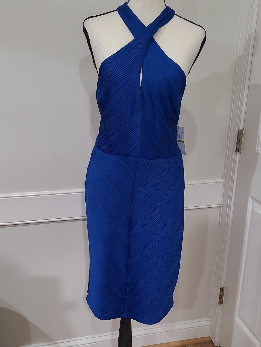 R&M Richards Short Scuba Ribknit Cross-Neck Halter Royal Blue Dress - Size 14
